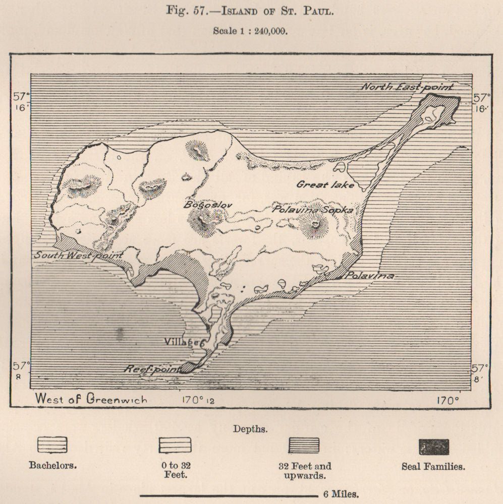 St Paul Island,Pribilof Islands(Northern Fur Seal Islands).Alaska 1885 old map